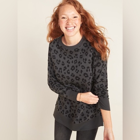 Old Navy Tops - Old Navy Women's Large Oversized Vintage Leopard-Print Tunic Sweatshirt Black